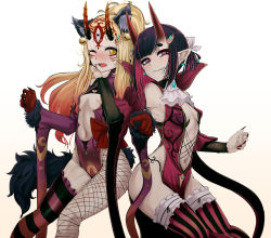Rule 34 | 2girls, b.d, bare shoulders, blonde hair, blush, bob cut, breasts, eyeliner, facial mark, fate/grand order, fate (series), fingernails, forehead, forehead mark, grin, hair pulled back, halloween costume, highres, horns, ibaraki douji (fate), long hair, looking at viewer, makeup, multiple girls, oni, purple eyes, purple hair, sharp fingernails, short hair, shuten douji (fate), simple background, skin-covered horns, small breasts, smile, tattoo, white background, yellow eyes