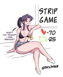 Rule 34 | 1girl, absurdres, alcohol, ass, bed, black bra, blush, bra, breasts, brown eyes, cleavage, crossed legs, english text, full body, highres, katsuragi misato, large breasts, looking at viewer, meme, naughty face, neon genesis evangelion, on bed, ponytail, purple hair, shiny skin, short shorts, shorts, sitting, solo focus, taku34128, thighs, twitter strip game (meme), underwear, white background, wide hips