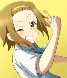 Rule 34 | 1girl, 46 crt, absurdres, blue ribbon, blush, brown eyes, brown hair, collared shirt, commentary request, forehead, grin, hairband, highres, index finger raised, k-on!, looking at viewer, neck ribbon, one eye closed, ribbon, sakuragaoka high school uniform, school uniform, shirt, short hair, short sleeves, simple background, smile, solo, summer uniform, tainaka ritsu, white shirt, yellow background, yellow hairband