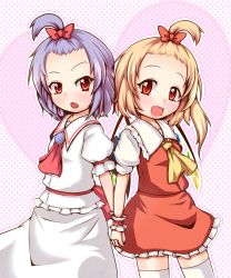Rule 34 | 2girls, alternate hairstyle, back-to-back, bad id, bad pixiv id, blonde hair, blue hair, bow, fang, female focus, flandre scarlet, forehead, high ponytail, holding hands, inanosuke, multiple girls, red eyes, remilia scarlet, short hair, siblings, sisters, thighhighs, touhou, white thighhighs, wings, wrist cuffs