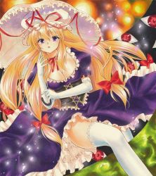 Rule 34 | 1girl, blonde hair, bodice, bow, breasts, cleavage, dress, elbow gloves, eyeball, frills, gap (touhou), gloves, hair bow, hat, hat ribbon, large breasts, light particles, lips, long hair, looking at viewer, marker (medium), mob cap, multicolored background, neck ribbon, parasol, parted lips, purple eyes, ribbon, solo, tegaki no yuu, thighhighs, touhou, traditional media, umbrella, very long hair, white gloves, white thighhighs, yakumo yukari