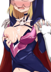 Rule 34 | 1boy, 1girl, blonde hair, breasts, cum, cum on body, cum on breasts, cum on upper body, gloves, head out of frame, highres, holding hands, interlocked fingers, koi wa sekai seifuku no ato de, magahara desumi, mask, morisobo, navel, nipples, one breast out, simple background, solo focus, white background, white gloves