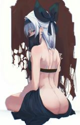 Rule 34 | 1girl, ass, back, black bow, bow, cross, cross earrings, darah, earrings, girls&#039; frontline, hair bow, hairband, highres, jewelry, labyrinth of the dark, long hair, looking at viewer, looking back, mouth veil, no panties, red eyes, silver hair, solo, tokarev (girls&#039; frontline), tokarev (griffin&#039;s dancer) (girls&#039; frontline), veil