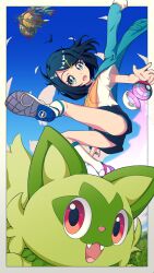 Rule 34 | 1girl, :d, aircraft, airship, bag, black hair, black shorts, border, commentary, creatures (company), day, el genso, eyelashes, game freak, hair ornament, hairclip, highres, jacket, jacket on shoulders, liko (pokemon), looking at viewer, nintendo, open mouth, outdoors, poke ball, poke ball (basic), pokemon, pokemon (anime), pokemon (creature), pokemon horizons, shirt, shoes, shorts, silhouette, sky, smile, socks, sprigatito, t-shirt, tongue, white border, white shirt, white socks