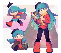 Rule 34 | &gt;:), 1girl, age comparison, aged down, aqua hair, beret, black headwear, black pantyhose, blue eyes, boots, brick st, brown footwear, brown sweater, full body, hat, highres, hilda (hilda), hilda (series), long hair, looking to the side, low twintails, multiple views, pantyhose, red footwear, red sweater, running, scarf, sitting, sleeves past fingers, sleeves past wrists, standing, sweater, twig, twintails, v-shaped eyebrows, yellow scarf