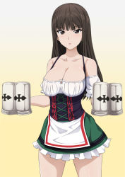 Rule 34 | 10s, 1girl, :o, alternate costume, bare shoulders, beer mug, blunt bangs, blush, bow, breasts, brown eyes, brown hair, cleavage, collarbone, corset, cowboy shot, cup, detached sleeves, dirndl, dress, frilled dress, frills, german clothes, girls und panzer, holding, inoshira, large breasts, legs apart, long hair, looking at viewer, mature female, mug, nishizumi shiho, open mouth, puffy short sleeves, puffy sleeves, short sleeves, simple background, solo, standing, straight hair, tsurime, yellow background