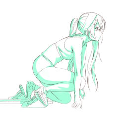 Rule 34 | 10s, 1girl, all fours, aqua theme, from side, glasses, green theme, hairband, kantai collection, long hair, midriff, monochrome, ooyodo (kancolle), ponytail, profile, sketch, solo, sports bikini, sports bra, squatting, starting block, yuuji (and)
