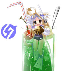 Rule 34 | 1girl, ahoge, animal ears, bell, brown eyes, brown hair, cat ears, cat tail, cherry, collar, cup, diving mask, diving mask on head, drink, drinking glass, drinking straw, fangs, flippers, food, fruit, gloves, goggles, goggles on head, green tea, ice, in container, in cup, jingle bell, long hair, mini person, minigirl, nananana nanana, neck bell, one-piece swimsuit, school swimsuit, scuba, smile, snorkel, solo, spoon, swimsuit, tail, tea, white hair
