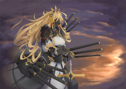 Rule 34 | 1girl, absurdres, armor, armored dress, blonde hair, cloud, cross, crown, dress, from side, highres, lion, lion (warship girls r), long hair, machinery, mecha, robot, solo, sword, very long hair, warship girls r, weapon, wind, yingjian