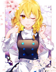 Rule 34 | 1girl, ;d, apron, bad id, bad pixiv id, black skirt, black vest, blonde hair, blush, bow, braid, buttons, commentary request, curly hair, double-breasted, flower, grabbing another&#039;s hair, grin, hair between eyes, hair bow, hands up, highres, jill 07km, kirisame marisa, long hair, long sleeves, looking at viewer, no headwear, no headwear, one eye closed, open mouth, petals, shirt, signature, single braid, skirt, smile, touhou, vest, waist apron, white apron, white bow, white shirt, yellow eyes