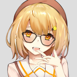 Rule 34 | nanashi inc., absurdres, animare, beret, blonde hair, blush, collarbone, glasses, grey background, hair between eyes, hair ornament, hairclip, hat, heart, heart-shaped pupils, highres, inaba haneru (animare), looking at viewer, open mouth, portrait, school uniform, short hair, simple background, solo, suggestive fluid, symbol-shaped pupils, virtual youtuber, yellow eyes