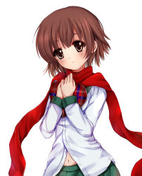 Rule 34 | 10s, 1girl, absurdres, blush, box, brown eyes, brown hair, green skirt, heart-shaped box, highres, kantai collection, long sleeves, looking at viewer, mutsuki (kancolle), navel, own hands together, pleated skirt, red scarf, scarf, school uniform, serafuku, short hair, simple background, skirt, smile, solo, upper body, vivian (lancerhd), white background