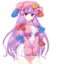 Rule 34 | &gt;:(, 1girl, blush, breasts, coo (coonekocoo), cowboy shot, crescent, dress, dress tug, female focus, frown, hat, large breasts, long hair, mob cap, patchouli knowledge, purple eyes, purple hair, simple background, solo, thighs, touhou, tsurime, v-shaped eyebrows, white background