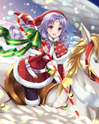 Rule 34 | 1girl, :d, absurdres, alternate costume, bell, blue eyes, candy, candy cane, christmas, circlet, detached sleeves, dress, fire emblem, fire emblem: the blazing blade, florina (fire emblem), food, fur trim, green ribbon, hat, highres, holding, holding candy, holding candy cane, holding food, kakiko210, long hair, looking at viewer, nintendo, open mouth, parted bangs, pegasus, purple hair, red dress, ribbon, saddle, santa costume, santa hat, smile