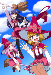 Rule 34 | 3girls, asahina mirai, broom, broom riding, destino, ha-chan (mahou girls precure!), hanami kotoha, hat, izayoi liko, mahou girls precure!, multiple girls, precure, witch hat