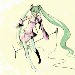Rule 34 | 1girl, detached sleeves, dress, female focus, full body, green hair, hatsune miku, legs, long hair, microphone, microphone stand, solo, thighhighs, travo, twintails, very long hair, vocaloid