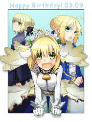 Rule 34 | 10s, 3girls, ahoge, artoria pendragon (all), artoria pendragon (fate), bad id, bad pixiv id, belt, blonde hair, blush, bow, fate/extra, fate/extra ccc, fate/stay night, fate (series), gloves, green eyes, hair bow, hair bun, happy birthday, looking at viewer, looking back, multiple girls, nero claudius (bride) (fate), nero claudius (fate), nero claudius (fate) (all), open mouth, ruchi, saber (fate), saber alter, single hair bun, yellow eyes, zipper