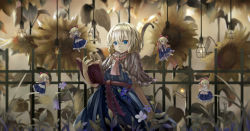 Rule 34 | 1girl, alice margatroid, bird, blonde hair, blue dress, blue eyes, book, capelet, dead line, doll, dress, flower, hairband, highres, holding, holding book, lantern, looking at viewer, necktie, open book, ribbon, sash, shanghai doll, short hair, smile, solo, sunflower, touhou