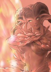 Rule 34 | 1girl, artist name, black horns, breasts, closed mouth, colored sclera, colored skin, eyelashes, fewer digits, final fantasy, final fantasy xi, fire, genderswap, genderswap (mtf), hands up, head tilt, highres, horns, ifrit (final fantasy), lips, looking at viewer, medium breasts, midriff, navel, personification, pink background, piyoco, pointy ears, red lips, red sclera, red skin, solo, x arms, yellow eyes