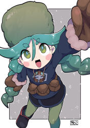 Rule 34 | 1girl, arms up, black footwear, blue jacket, blush stickers, boots, braid, bright pupils, brown mittens, chichibu (watson), creatures (company), full body, fur hat, game freak, green eyes, green hair, green hat, green pantyhose, hair between eyes, hat, highres, jacket, leg up, long hair, looking at viewer, mittens, nintendo, open mouth, pantyhose, pokemon, pokemon legends: arceus, sabi (pokemon), skirt, solo, teeth, tongue, twin braids, twintails, upper teeth only, white pupils