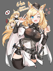 Rule 34 | 1girl, animal ear fluff, animal ears, arknights, black headwear, black thighhighs, blonde hair, blue eyes, blush, breasts, cape, clothing request, commentary, commentary request, cowboy shot, dated, english commentary, eyebrows hidden by hair, fatkewell, grey background, happy birthday, hat, headset, highres, large breasts, long hair, long sleeves, looking at viewer, mixed-language commentary, multiple views, one eye closed, open mouth, siblings, simple background, sisters, smile, standing, tail, thighhighs, twitter username, upper body, w, weapon, whislash (arknights), white cape
