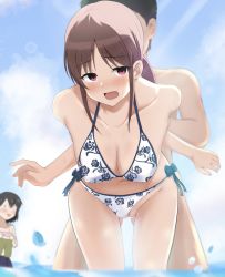 Rule 34 | 1boy, 2girls, arm grab, arms behind back, artist request, bent over, bikini, bikini bottom aside, black hair, blush, bow, breasts, brown hair, clothed female nude male, clothed sex, clothing aside, cloud, cloudy sky, completely nude, day, doggystyle, exhibitionism, highres, idolmaster, idolmaster cinderella girls, mifune miyu, multiple girls, nude, ocean, outdoors, pink eyes, public indecency, sex, sex from behind, sky, source request, swimsuit, wakame