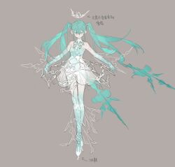 1girl amano_meme aqua_eyes aqua_hair aqua_thighhighs ballerina ballet_dress ballet_slippers bare_shoulders chinese_text concept_art dress full_body grey_background hatsune_miku highres ice_skates long_hair looking_at_viewer see-through_dress_layer shoulder_tattoo simple_background skates sleeveless sleeveless_dress solo tattoo thighhighs translated twintails vocaloid white_dress yuki_miku yuki_miku_(2025)_(applicant)