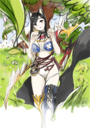 Rule 34 | 1girl, animal ears, armor, azelweien, bare shoulders, bikini armor, black eyes, black hair, breasts, cat ears, cat girl, cleavage, closed mouth, day, hands up, heart, highres, long hair, looking at viewer, medium breasts, original, outdoors, paw pose, solo, sword, weapon