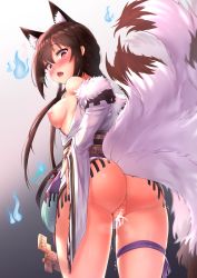 Rule 34 | 1girl, absurdres, after vaginal, animal ear fluff, animal ears, anus, ass, back, bar censor, bare shoulders, blush, bottomless, breasts, breasts out, brown hair, censored, chinese clothes, commentary request, cum, cum in pussy, detached sleeves, fang, fox ears, fox tail, from behind, fur trim, girls&#039; frontline, gmkj, gradient background, gradient eyes, hair between eyes, highres, looking at viewer, looking back, multicolored eyes, multiple tails, official alternate costume, open mouth, pussy, pussy juice, sash, sidelocks, sitting, small breasts, solo, spread legs, tail, thigh strap, type 79 (girls&#039; frontline), type 79 (nine-tail fox) (girls&#039; frontline), wide sleeves, yellow eyes