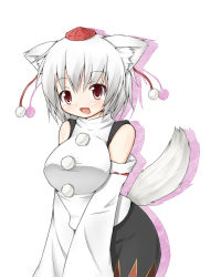 Rule 34 | 1girl, animal ears, bare shoulders, breasts, detached sleeves, female focus, garasuita, hat, inubashiri momiji, open mouth, red eyes, short hair, simple background, skirt, smile, solo, tail, tokin hat, touhou, white hair, wolf ears, wolf tail