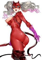 10s 1girl alternate_breast_size ass azukiko blonde_hair blue_eyes bodysuit boots breasts breasts_out cleavage_cutout clothing_cutout female_focus gloves long_hair looking_back mask nipples persona persona_5 solo takamaki_anne thigh_boots thighhighs twintails wardrobe_malfunction whip white_background