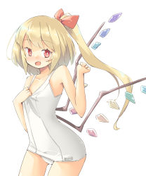 Rule 34 | 1girl, adjusting clothes, adjusting swimsuit, alternate hair length, alternate hairstyle, arnest, blonde hair, blush, bow, collarbone, crystal, fang, flandre scarlet, hair bow, highres, looking at viewer, one-piece swimsuit, one side up, open mouth, red bow, red eyes, school swimsuit, smile, swimsuit, thighs, touhou, white background, white one-piece swimsuit, wings