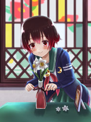 Rule 34 | 10s, 1girl, blush, bow, brown hair, crescent, daffodil, desk, flower, gradient hair, jacket, jewelry, kantai collection, multicolored hair, mutsuki (kancolle), mutsuki kai ni (kancolle), ootori (kyoya-ohtori), photo (object), picture frame, red eyes, red hair, ribbon, ring, school uniform, serafuku, short hair, smile, solo, stained glass, tablecloth, vase, window
