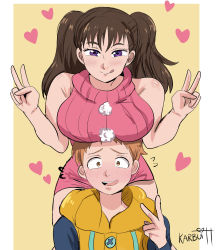 Rule 34 | 1boy, 1girl, artist name, bare shoulders, blush, breast rest, breasts, breasts on head, brown eyes, brown hair, diane (nanatsu no taizai), double v, dress, heart, highres, hood, hoodie, karbuitt, king (nanatsu no taizai), large breasts, long hair, nanatsu no taizai, open mouth, pink sweater, purple eyes, short hair, signature, smile, sweater, sweater dress, tongue, tongue out, twintails, v