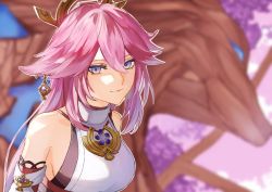 Rule 34 | 1girl, animal ears, blurry, blurry background, breasts, closed mouth, detached sleeves, earrings, fox ears, genshin impact, hair between eyes, japanese clothes, jewelry, long hair, looking at viewer, medium breasts, miko, pink hair, purple eyes, solo, togatamaki, upper body, yae miko