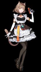 Rule 34 | 1girl, :o, absurdres, animal ear fluff, animal ears, apron, belt, black background, black dress, black footwear, black pantyhose, breasts, brown hair, cat ears, cat girl, cat tail, choudan, cleavage, cleavage cutout, clothing cutout, dress, elbow gloves, frilled apron, frilled dress, frills, full body, gloves, gun, high heels, highres, holding, holding gun, holding weapon, looking at viewer, medium breasts, open mouth, original, pantyhose, photoshop (medium), pouch, short hair, simple background, sleeveless, sleeveless dress, solo, standing, tail, walkie-talkie, weapon, white apron, white gloves, yellow eyes