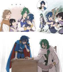 Rule 34 | ..., 6+boys, age progression, aged down, belt, belt buckle, black belt, black eyes, black hair, blue cape, blue hair, brown hair, buckle, cape, chair, closed eyes, closed mouth, commentary request, cousins, father and son, fire emblem, fire emblem: genealogy of the holy war, flying sweatdrops, gloves, green eyes, green hair, hair over one eye, headband, highres, holding, holding sword, holding weapon, lewyn (fire emblem), long hair, male focus, multiple boys, nintendo, oifey (fire emblem), one eye covered, open mouth, plaid, plaid scarf, ponytail, robe, s1wa 3, scarf, scathach (fire emblem), seliph (fire emblem), shannan (fire emblem), sigurd (fire emblem), sitting, smile, sword, table, weapon, white cape, white gloves, white headband, white robe, white scarf, wooden sword