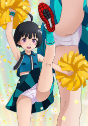 Rule 34 | 1girl, ahoge, amatori chika, arm up, bare shoulders, black hair, blue shirt, blue skirt, cameltoe, cheerleader, collared shirt, commentary request, commission, highres, holding, multiple views, open mouth, panties, pixiv commission, pleated skirt, pom pom (cheerleading), purple eyes, shirt, short hair, skirt, sleeveless, sleeveless shirt, standing, standing on one leg, sweatband, teeth, tooo, underwear, upper teeth only, white panties, world trigger, wristband, zoom layer