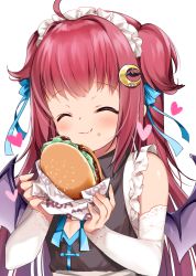 Rule 34 | 1girl, ^ ^, ahoge, bare shoulders, black dress, blue bow, blush, bow, burger, character name, closed eyes, closed mouth, crescent, crescent hair ornament, demon girl, demon wings, detached sleeves, dress, fingernails, food, food on face, hair bow, hair ornament, heart, highres, holding, holding food, long hair, long sleeves, maid headdress, motohara moka, nijisanji, purple wings, red hair, simple background, sleeveless, sleeveless dress, smile, solo, two side up, upper body, virtual youtuber, white background, white sleeves, wings, yuzuki roa