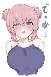 Rule 34 | 1girl, artist request, bare shoulders, blue eyes, blush, bocchi the rock!, breasts, collarbone, female focus, gotoh hitori, hair buns, highres, japanese text, large breasts, looking at viewer, open mouth, pink hair, school swimsuit, solo, source request, straight-on, sweat, swimsuit, translation request