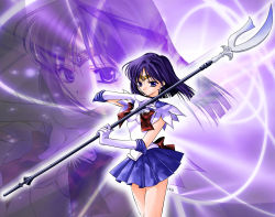 Rule 34 | 1990s (style), 1girl, bishoujo senshi sailor moon, black hair, bob cut, bow, brooch, brown bow, earrings, elbow gloves, frown, glaive (polearm), gloves, holding, holding polearm, holding spear, holding weapon, ito, jewelry, magical girl, pleated skirt, polearm, purple eyes, purple skirt, retro artstyle, ribbon, sailor collar, sailor saturn, serious, short hair, silence glaive, skirt, solo, spear, star brooch, tiara, tomoe hotaru, weapon, white gloves, zoom layer
