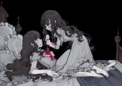 Rule 34 | 2girls, barefoot, bed, black background, black hair, blood, blue eyes, crying, crying with eyes open, curly hair, girl on top, highres, knife, long hair, multiple girls, pajamas, pillow, siblings, stab, sweat, tears, twins, uzrtmgo, weapon