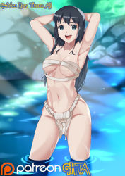 Rule 34 | 1girl, :d, akari (pokemon), armpits, arms behind head, arms up, black eyes, black hair, blurry, blurry background, breasts, cleavage, creatures (company), day, female focus, fundoshi, game freak, ghta, japanese clothes, long hair, looking at viewer, nintendo, open mouth, outdoors, pokemon, pokemon legends: arceus, sarashi, smile, solo, standing, tagme, teeth, thighs, tongue, underboob, water, wet, wet clothes