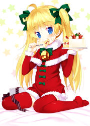 Rule 34 | 1girl, ahoge, bell, blonde hair, blue eyes, blush, bow, cake, cake slice, capelet, christmas, dress, eating, fang, food, food on face, fork, fruit, full body, hair ribbon, meito (maze), red thighhighs, ribbon, santa costume, sitting, solo, star (symbol), strawberry, strawberry shortcake, thighhighs, twintails, wariza