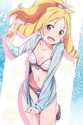 Rule 34 | 1girl, bikini, blonde hair, bow, breasts, brown eyes, collarbone, drawstring, drill hair, eromanga sensei, front-tie top, hair bow, highres, hood, hooded jacket, hoodie, jacket, looking at viewer, makicha (sasurainopink), navel, open clothes, open jacket, pink bikini, pink bow, pointy ears, ponytail, red bow, ringlets, sandals, small breasts, smile, solo, striped bikini, striped clothes, swimsuit, twin drills, yamada elf