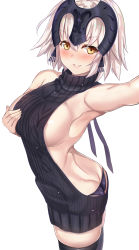Rule 34 | &gt;:), 1girl, alternate costume, aran sweater, armpits, ass, backless dress, backless outfit, bare back, black panties, black thighhighs, blue ribbon, blush, braid, breasts, butt crack, cable knit, closed mouth, commentary request, cowboy shot, dress, fate/grand order, fate (series), from side, hair between eyes, hair ribbon, halterneck, hand on own chest, headpiece, highres, jeanne d&#039;arc (fate), jeanne d&#039;arc alter (avenger) (fate), jeanne d&#039;arc alter (fate), large breasts, long hair, looking at viewer, looking to the side, meme attire, panties, parted lips, reaching, reaching towards viewer, ribbed sweater, ribbon, selfie, sideboob, silver hair, simple background, single braid, smile, solo, sweater, sweater dress, thighhighs, tress ribbon, turtleneck, turtleneck sweater, underwear, untue, v-shaped eyebrows, virgin killer sweater, white background, yellow eyes