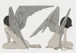 Rule 34 | 2others, black hair, completely nude, cuts, end80236189, from behind, highres, injury, multiple others, nude, original, short hair, sitting, wariza, white background, wings