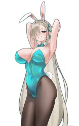 Rule 34 | 1girl, absurdres, animal ears, armpits, arms up, asuna (blue archive), bare shoulders, blonde hair, blue archive, blue eyes, blush, bow, bowtie, breasts, detached collar, fake animal ears, hair over one eye, halo, highleg, highleg leotard, highres, large breasts, leotard, light brown hair, long hair, looking at viewer, official alternate costume, pantyhose, playboy bunny, rabbit ears, shiny clothes, simple background, smile, solo, starcat, strapless, strapless leotard, traditional bowtie, very long hair, white background