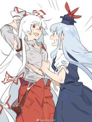 Rule 34 | 2girls, arm up, blue hair, blue headwear, blush, bow, breasts, collared shirt, commentary, cowboy shot, dirty, dirty clothes, dirty face, emphasis lines, fujiwara no mokou, grey shirt, hair bow, hand on own head, hat, injury, iovebly, kamishirasawa keine, light blue hair, long hair, long sleeves, looking at another, medium breasts, multiple girls, open mouth, pants, red eyes, red pants, shirt, simple background, sketch, small breasts, straight hair, suspenders, sweatdrop, symbol-only commentary, torn clothes, touhou, very long hair, weibo username, white background, white hair, worried