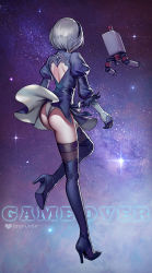 Rule 34 | 1girl, android, ass, back cutout, black dress, black hairband, boots, clothing cutout, dress, feather-trimmed sleeves, floating, fogriver, from behind, gloves, hairband, high heel boots, high heels, juliet sleeves, leotard, leotard under clothes, long sleeves, nier (series), nier:automata, pod (nier:automata), puffy sleeves, revision, robot, short hair, silver hair, star (sky), thigh boots, thighhighs, thighhighs under boots, turtleneck, white leotard, 2b (nier:automata)